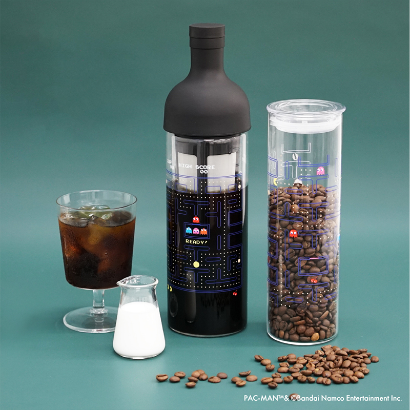 HARIO x Pac-Man crossover cold brew coffee set with iced coffee and milk