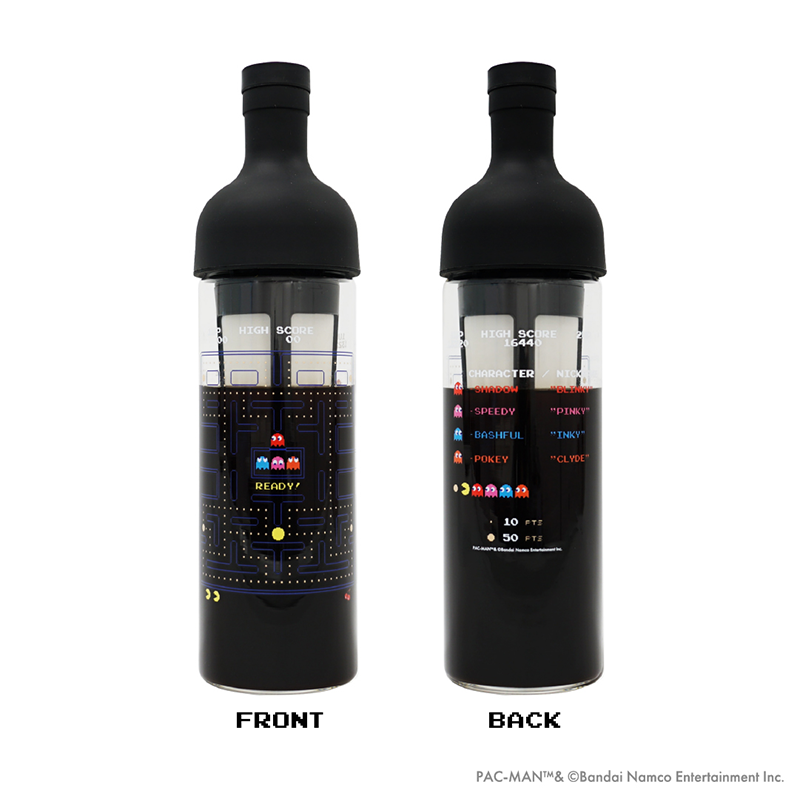 HARIO x Pac-Man crossover cold brew coffee bottle with coffee front and back design